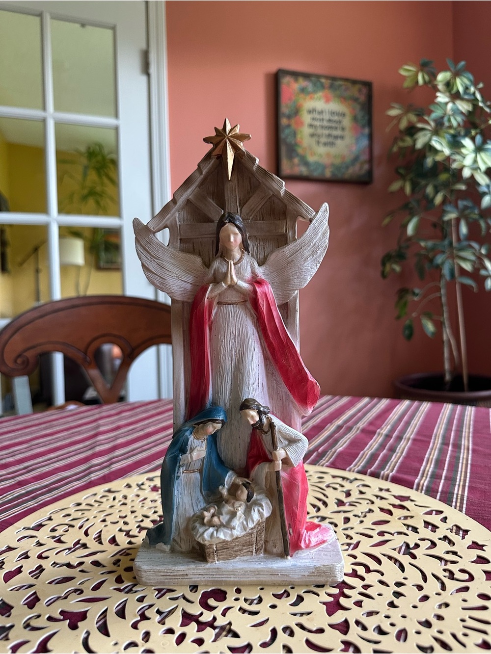 Hand-Painted Nativity Figurine with Angel in Red and Blue